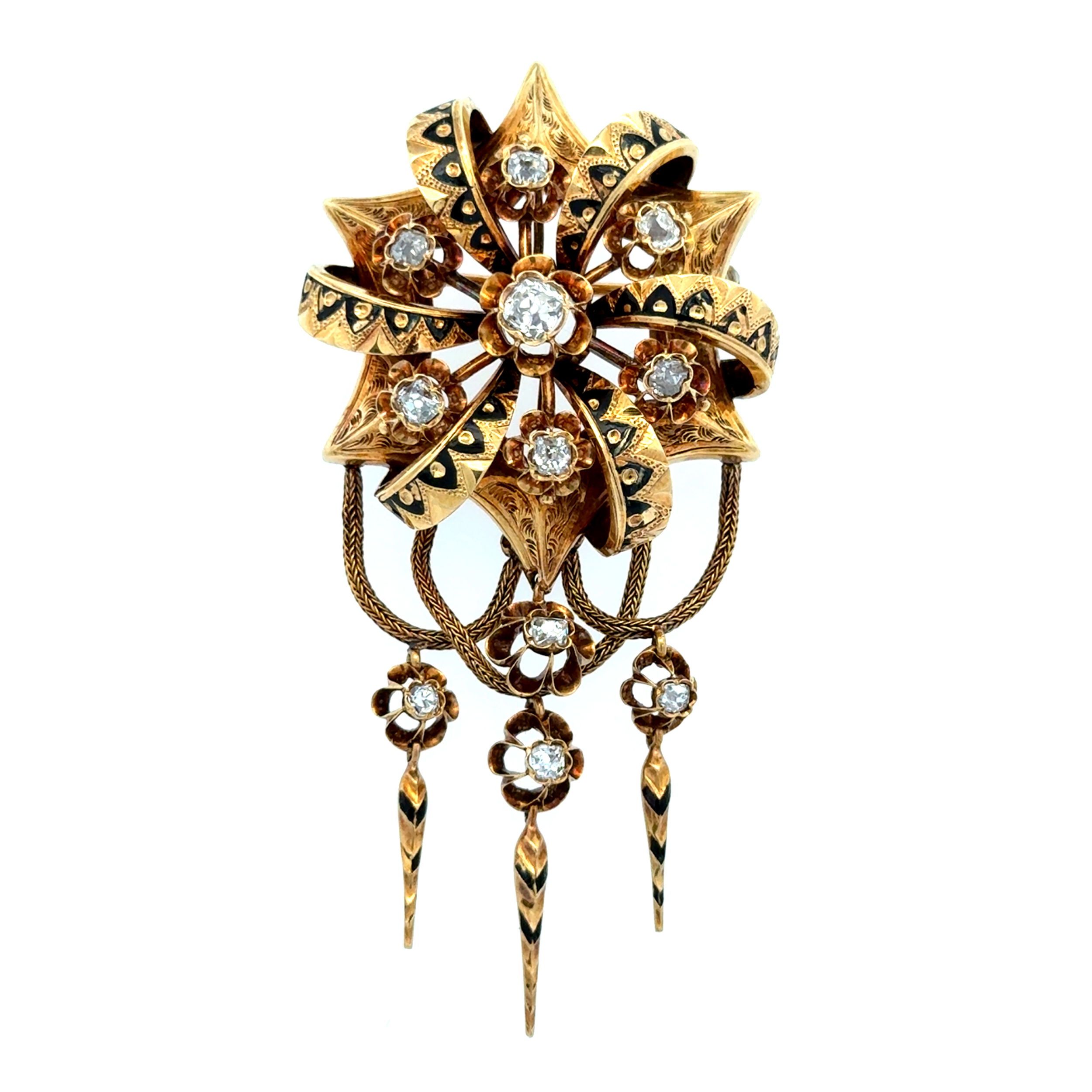 18K & 14K YG Victorian 2.00tcw Old Mine Diamond & Enamel Articulating Dangle Brooch Pendant 21.4g, 3" 18K & 14K YG Victorian 2.00tcw Old Mine Diamond & Enamel Articulating Dangle Brooch Pendant 21.4g, 3"