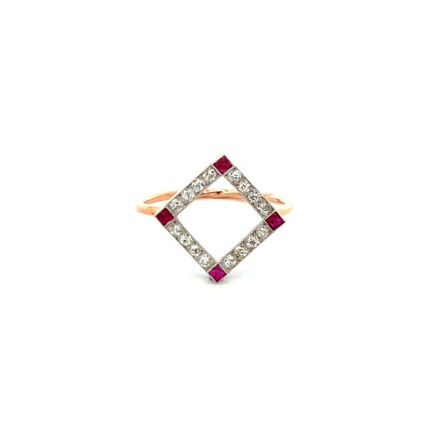 Closeup photo of Platinum on 18K Art Deco Open Square Diamond & Ruby Stick Pin Ring 1.9g, s6.75