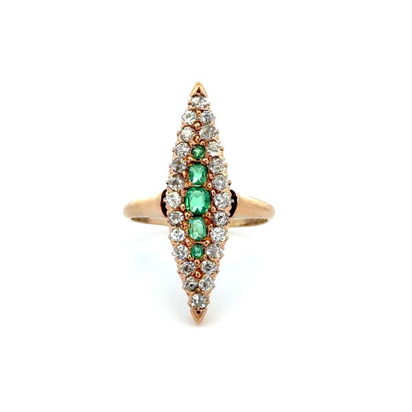 Closeup photo of 12K YG Victorian .28tcw Emerald & .75tcw OEC Diamond Navette Ring 4.3g, s6