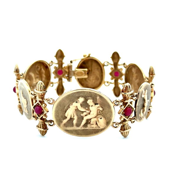 Closeup photo of 14K YG Greek Coin Style Bracelet 1.20tcw Ruby 23.0g, 7"