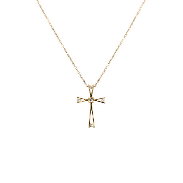 Closeup photo of 10K YG 5 RBC Diamond .05tcw Cross Pendant Necklace 1.1g, 18"