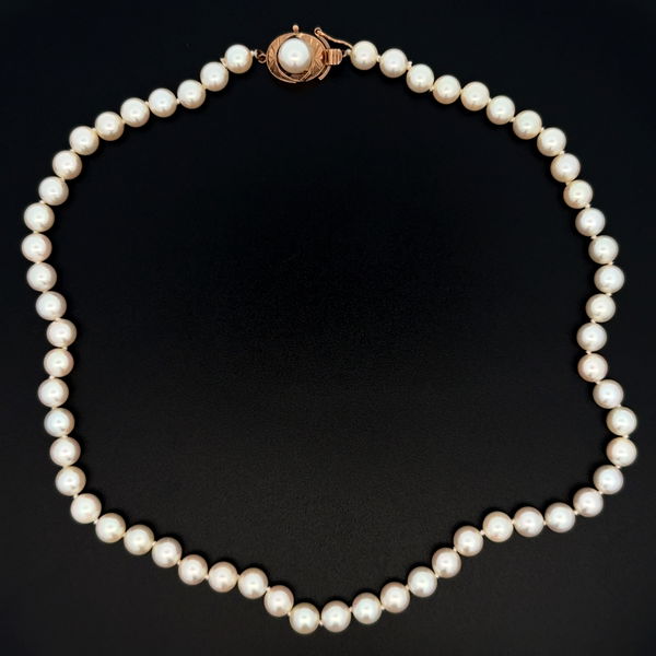 Closeup photo of 14K YG 6.00mm Beautiful Pearl Choker Necklace Pearl Clasp 17.9g, 14.5"