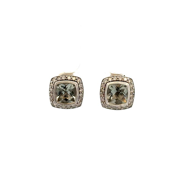 Closeup photo of 925 Sterling DAVID YURMAN Albion Prasiolite & .40tcw RBC Diamond Stud Earrings 6.4g, 11.5mm