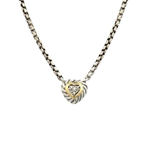 Closeup photo of 925 Sterling & 18K DAVID YURMAN Pave Heart .08tcw RBC Diamond 11.75mm Necklace 15.3g, 16"