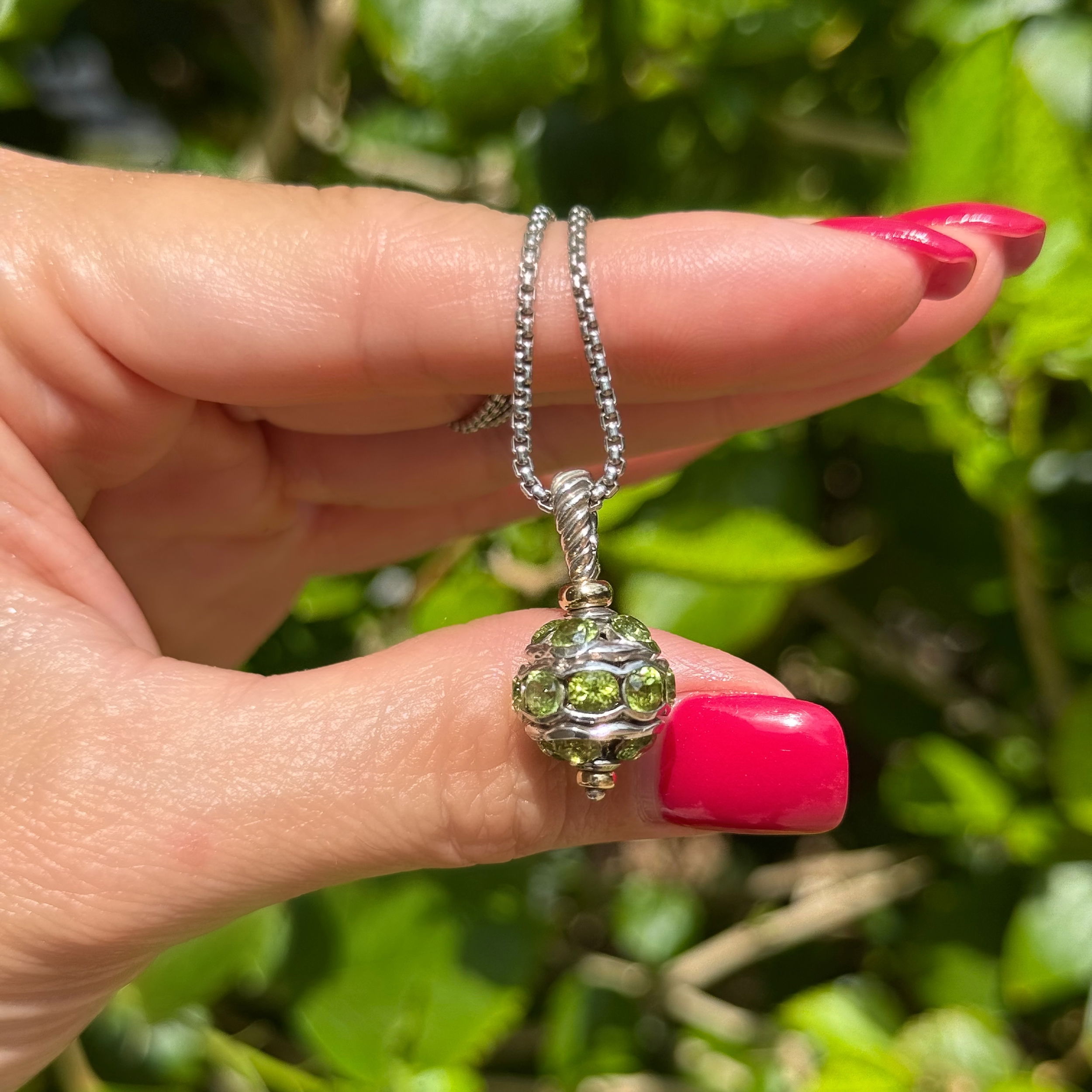 925 Sterling & 18K DAVID YURMAN Peridot Cluster Sphere Pendant on Rope Chain 11.7g, 16"
