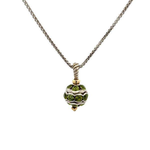 Closeup photo of 925 Sterling & 18K DAVID YURMAN Peridot Cluster Sphere Pendant on Rope Chain 11.7g, 16"