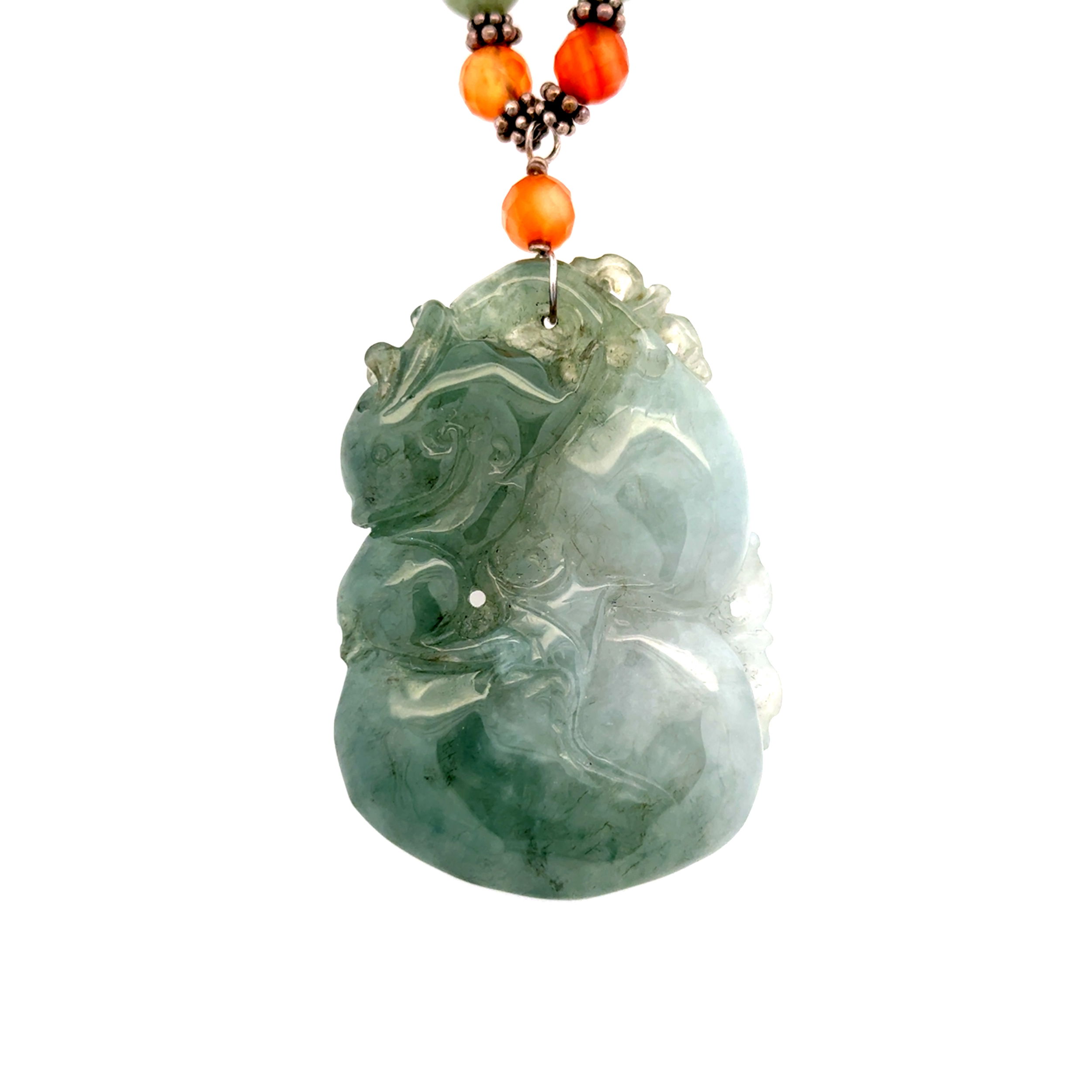925 Sterling Jade Carving Pendant on Gemstone Necklace 108.4g, 20"