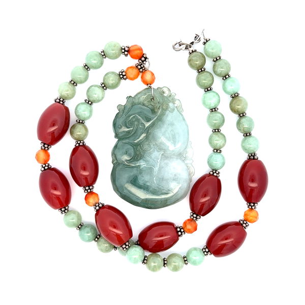 Closeup photo of 925 Sterling Jade Carving Pendant on Gemstone Necklace 108.4g, 20"