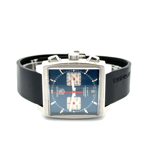 Closeup photo of Tag Heuer Monaco CAW2111 Blue Dial Chronograph Automatic Watch Rubber Strap EPA1322 B&P, circa 2005