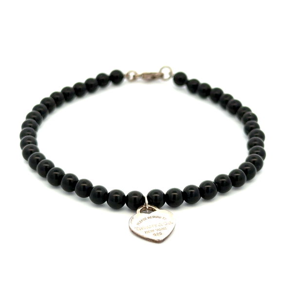 Closeup photo of 925 Sterling Tiffany & Co 4.40mm Onyx Bead Bracelet 5.5g