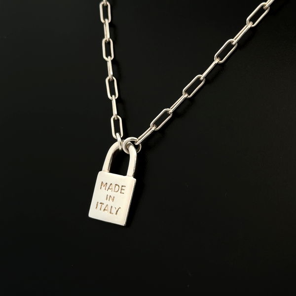 Closeup photo of 925 Sterling Made in Italy Lock Charm on Paperclip Chain 7.8g, 18"