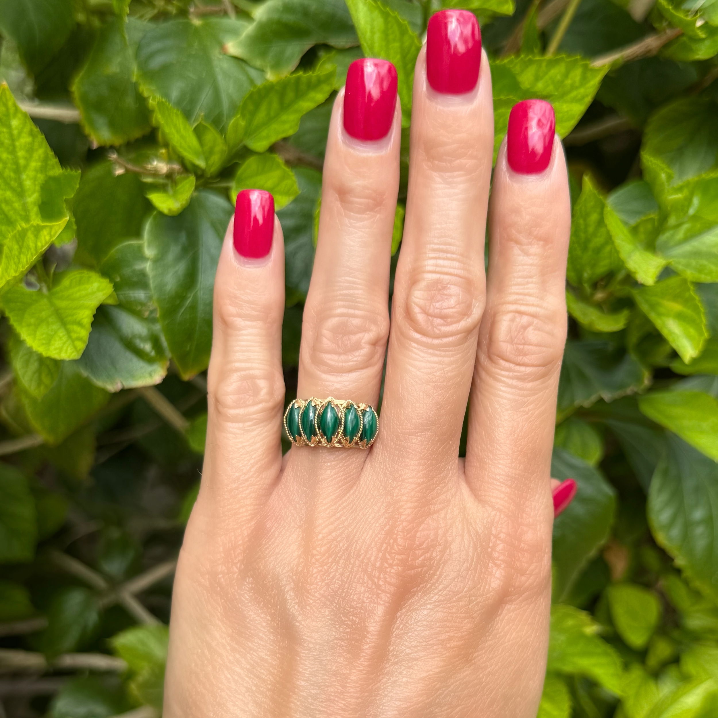 14K YG 1960's 5 Marquis Malachite Step Down Ring 2.6g, s6.5