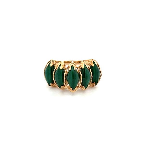 Closeup photo of 14K YG 1960's 5 Marquis Malachite Step Down Ring 2.6g, s6.5