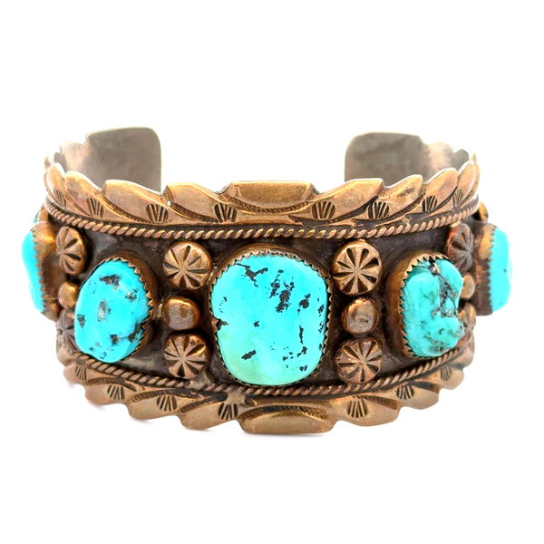 Closeup photo of Copper on 925 Sterling Native Navajo Turquoise Nugger Cuff Bracelet 90.5g