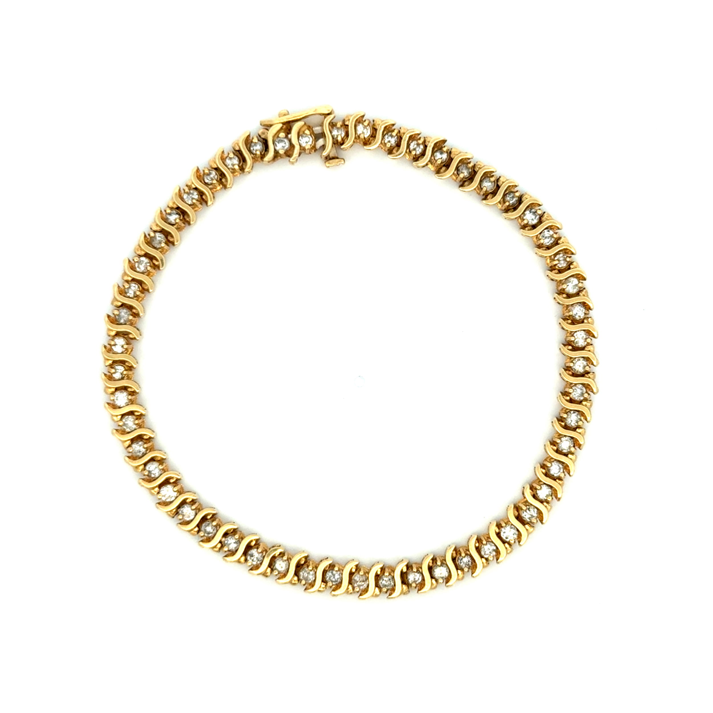 14K YG 1.50tcw 53 Round Diamond Tennis S Line Bracelet 12.4g, 7.5"