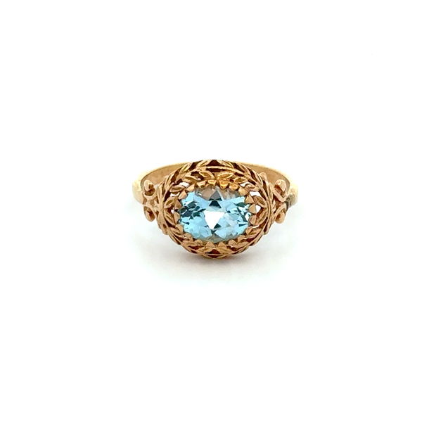 Closeup photo of 14K YG 1.50ct Oval Blue Topaz 20 Prong Set in Wreath Filigree Ring 3.7g, s9