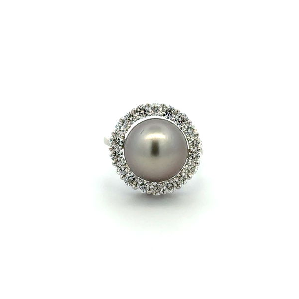 Closeup photo of 14K WG 11.40mm Tahitian Pearl & 1.25tcw RBC Diamond Halo Ring 6.6g, s6.25