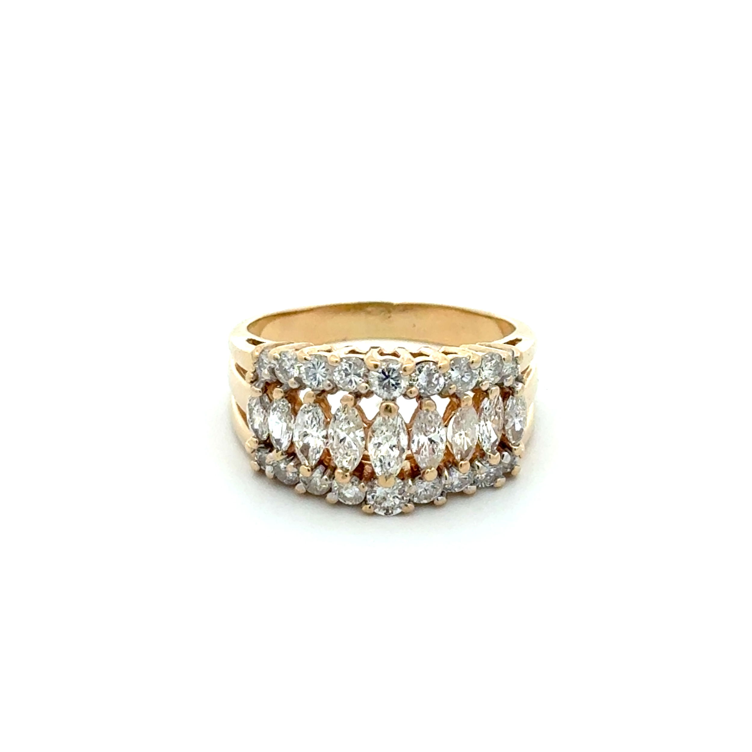 14K YG 2.30tcw Marquis & RBC Diamond Triple Row Band Ring 7.1g, 9.25