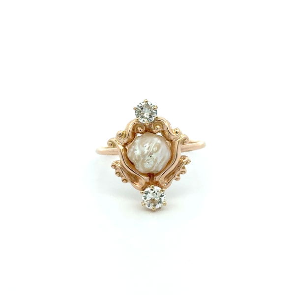Closeup photo of 14K YG Victorian Natural Pearl & .36tcw OEC Diamond Stick Pin Ring 3.2g, s6.25