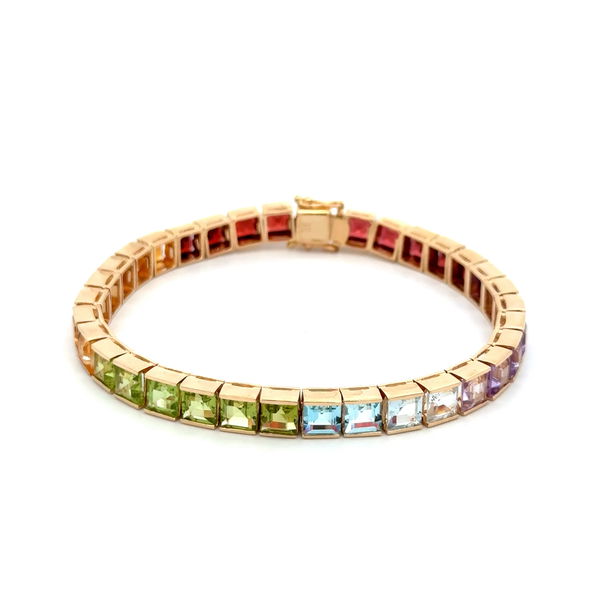 Closeup photo of 14K YG 20tcw Semi Precious Square Cut Rainbow Gemstone Line Bracelet 20.8g, 7"