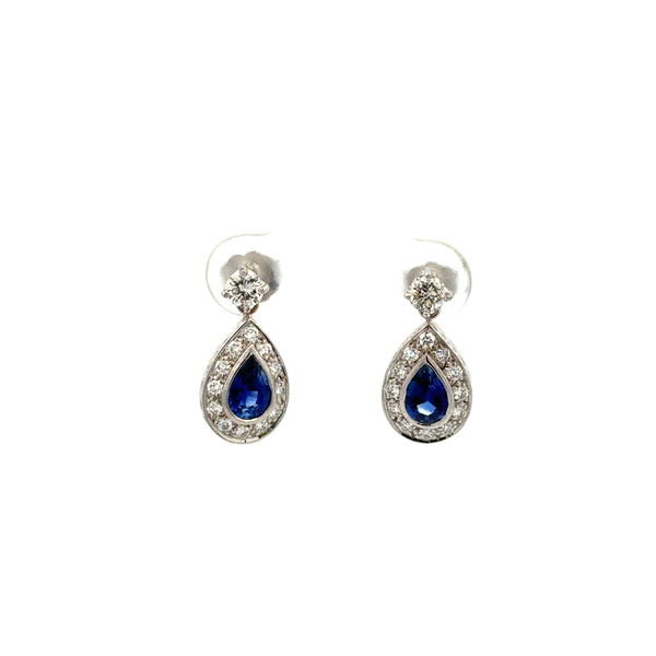 Closeup photo of 14K WG 1.00tcw Pear Sapphire & .75tcw RBC Diamond Drop Earrings 3.3g