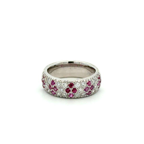 Closeup photo of Platinum .65tcw RBC Diamond & .75tcw Ruby Halfway 7mm Band Ring 10.6g, s7
