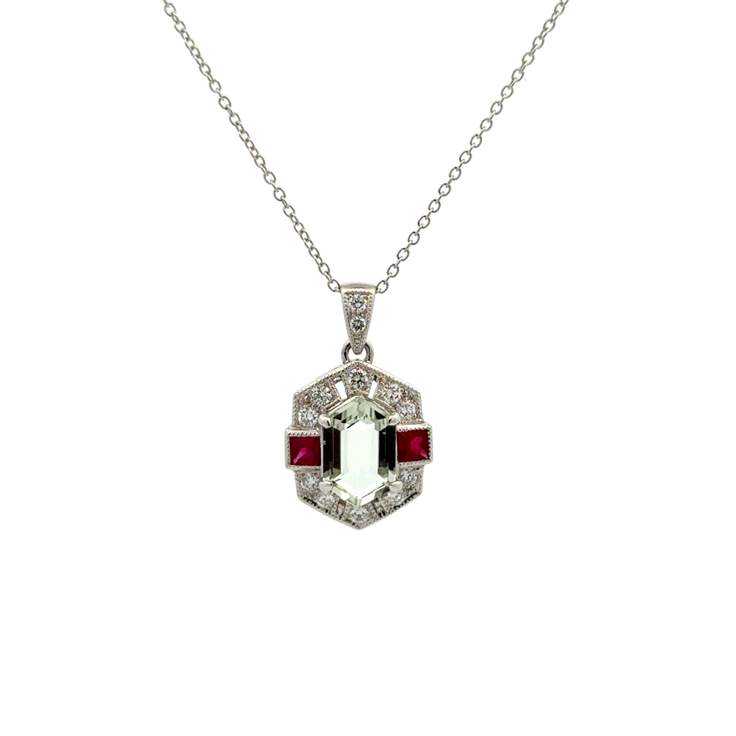 14K & 18K WG 1.57ct Aquamarine, .32tcw Ruby & .29tcw Diamond Pendant 5.6g, 16"