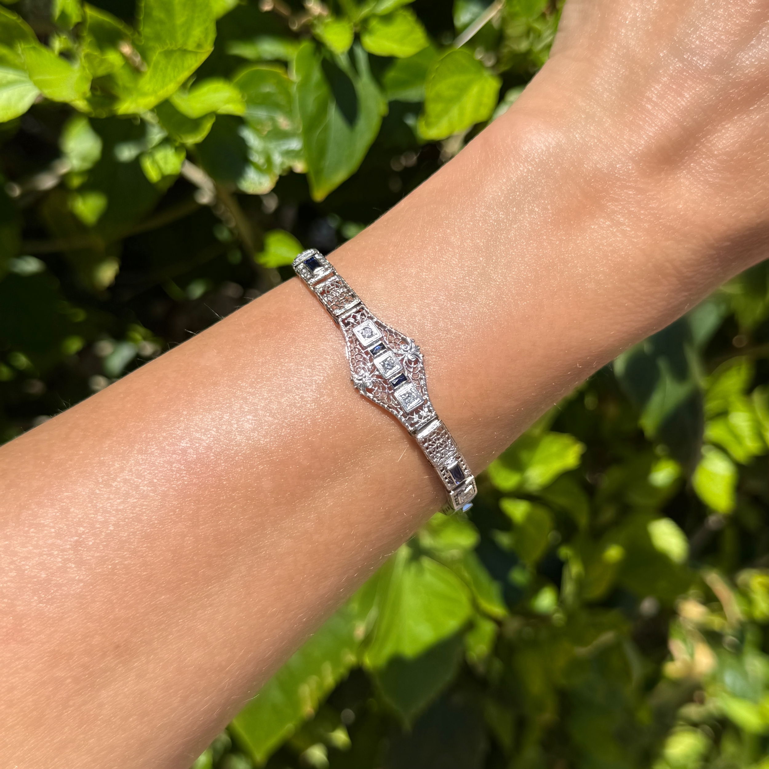 14K WG Art Deco .40tcw Diamond & Synthetic Sapphire Filigree Bracelet 11.6g, 7"