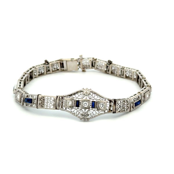 Closeup photo of 14K WG Art Deco .40tcw Diamond & Synthetic Sapphire Filigree Bracelet 11.6g, 7"