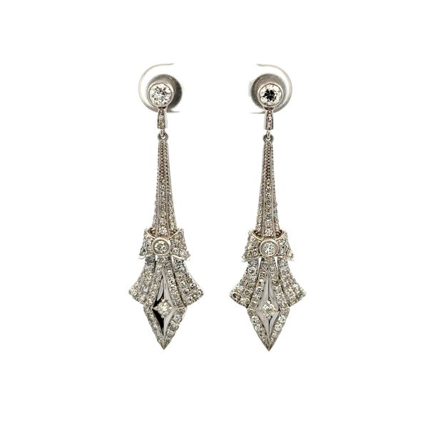 Closeup photo of 14K WG Art Deco Style 1.64tcw Diamond Drop Earrings 6.5g, 2"