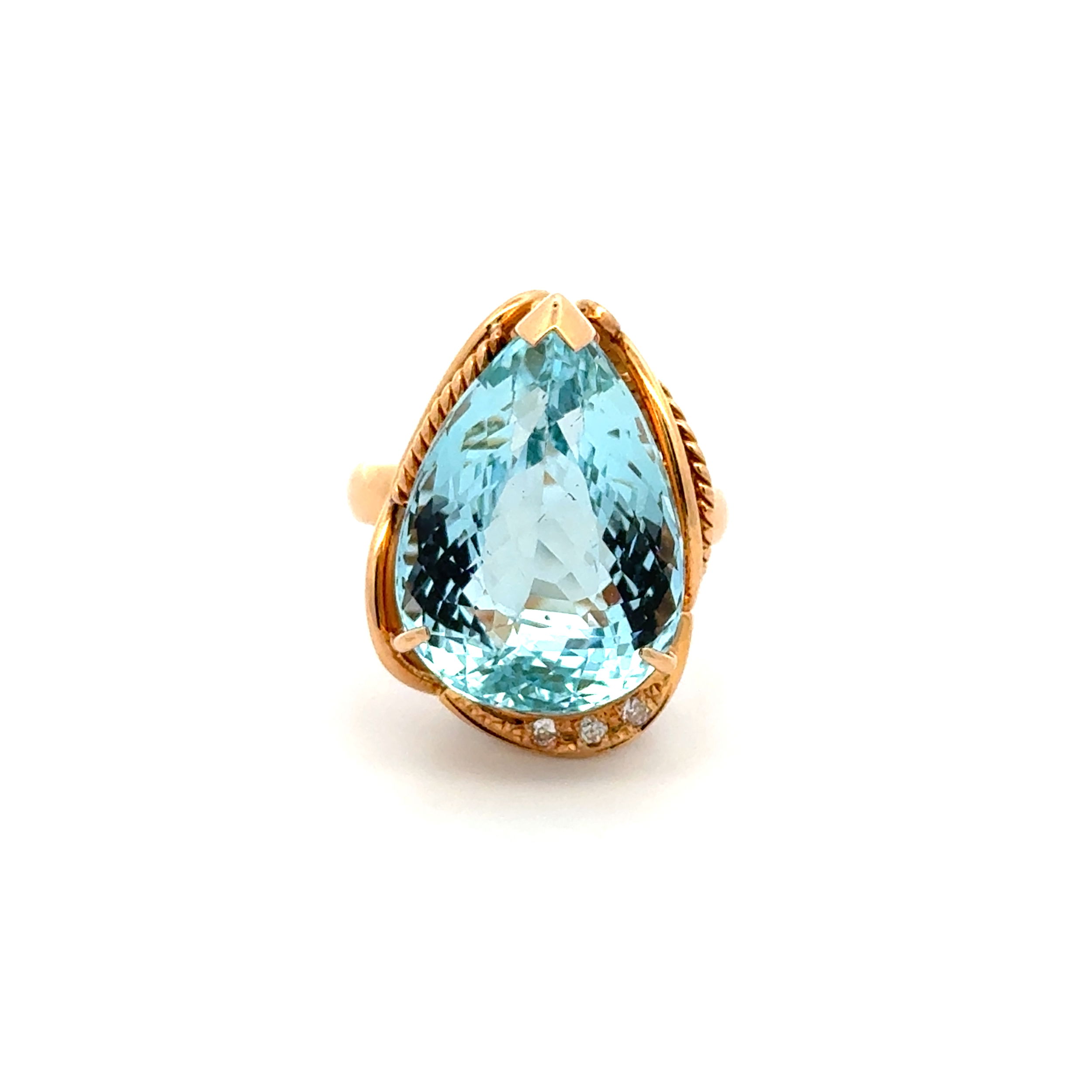 18K YG 14.47ct Pear Aquamarine & .04tcw RBC Diamond Rope Design Bias Ring 11.7g, s6.25