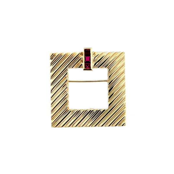 Closeup photo of 14K YG 1960's TIFFANY & Co .60tcw Ruby Open Square Brooch 12.5g, 1.25"