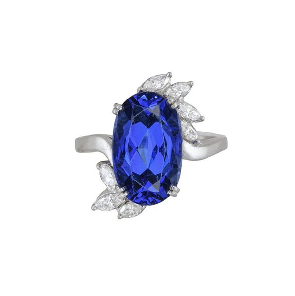 Closeup photo of Platinum 10.70ct Oval Tanzanite GIA & 1.10tcw Marquis Diamond Bias Ring 10.9g, s7