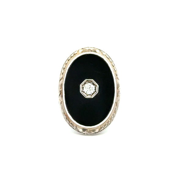 Closeup photo of 18K WG Art Deco .14ct OEC on Oval Onyx Slab Engraved Ring 5.3g, s6