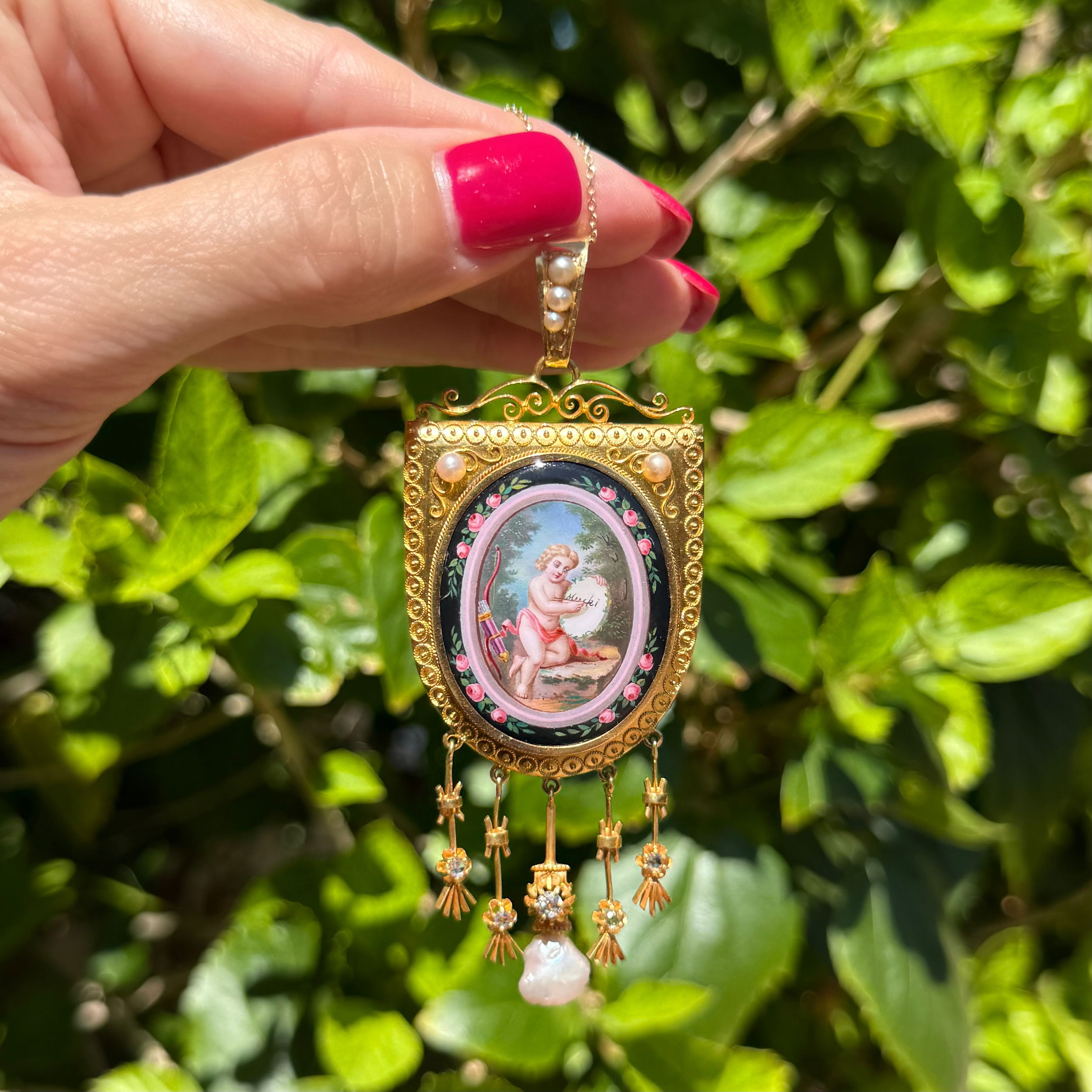 23K, 18K & 14K Victorian Hand Painted Cupid Portrait, .40tcw OEC Diamond & Pearl Pendant 23.6g, 16"
