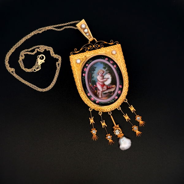 Closeup photo of 23K, 18K & 14K Victorian Hand Painted Cupid Portrait, .40tcw OEC Diamond & Pearl Pendant 23.6g, 16"