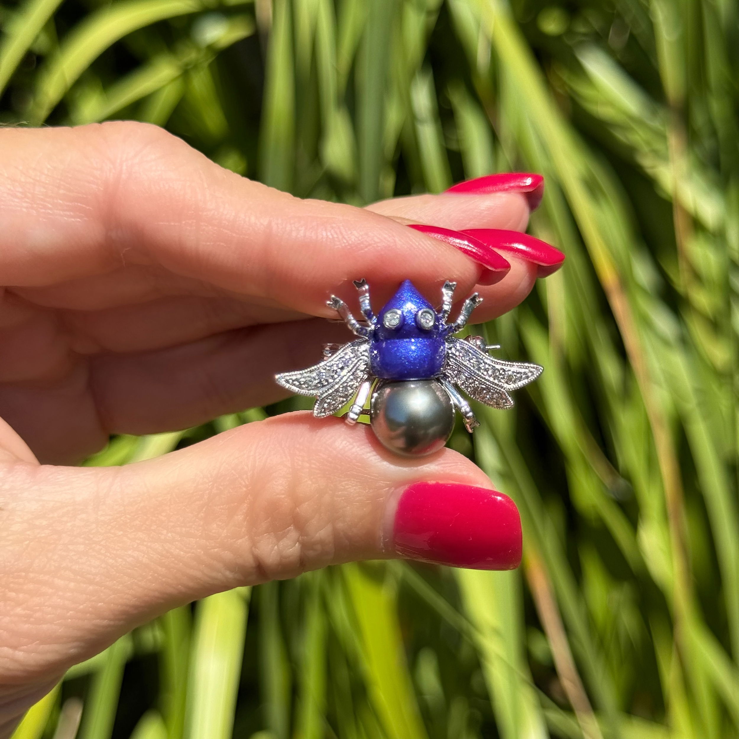 18K WG 10.50mm Tahitian, Blue Enamel & ,23tcw Diamond BEE Brooch Pendant 7.5g