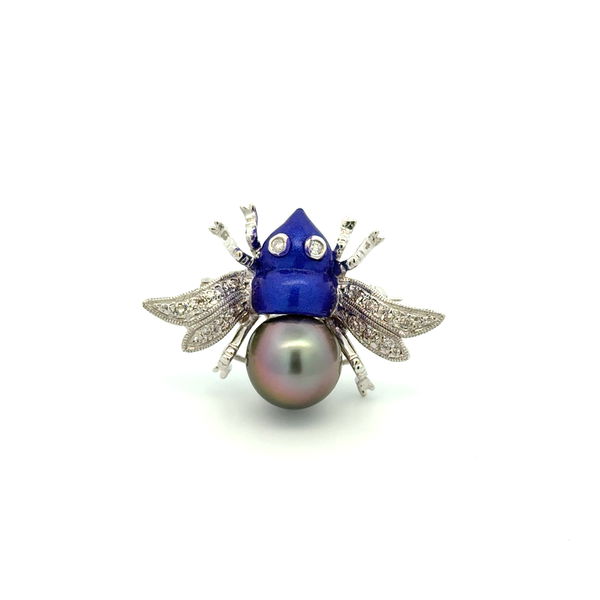Closeup photo of 18K WG 10.50mm Tahitian, Blue Enamel & ,23tcw Diamond BEE Brooch Pendant 7.5g