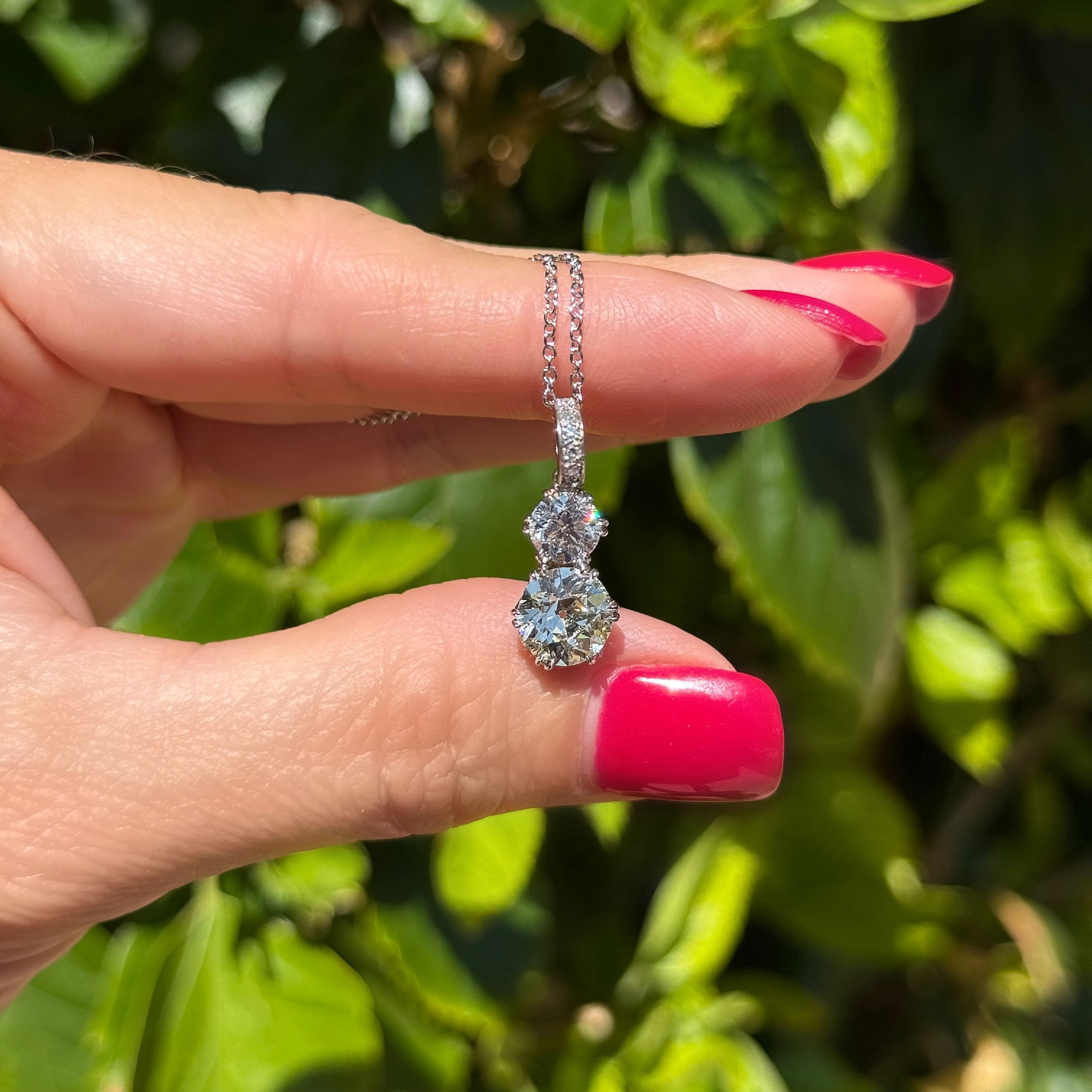 Platinum 2.10ct OEC Diamond (8.2mm), .95tcw Diamond Drop Pendant on 14K WG Chain 4.1g, 16"