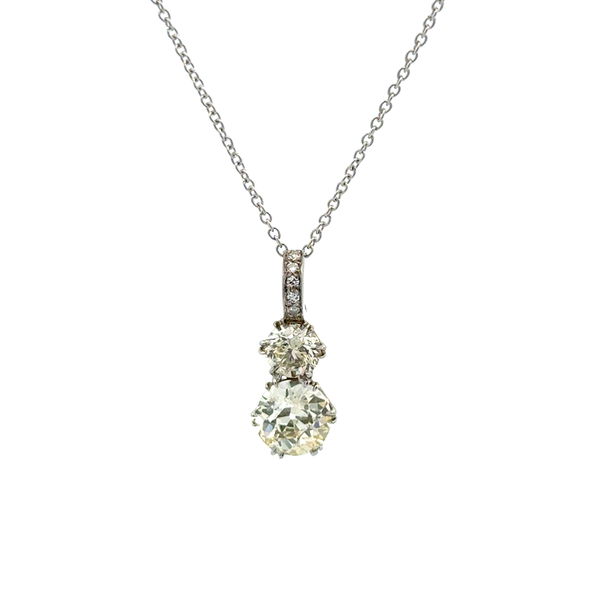 Closeup photo of Platinum 2.10ct OEC Diamond (8.2mm), .95tcw Diamond Drop Pendant on 14K WG Chain 4.1g, 16"