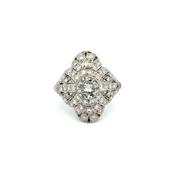 Closeup photo of Platinum Art Deco .88tcw Transitional Diamond & 1.00tcw Diamond Navette Milgrain Ring 5.8g, s7.25