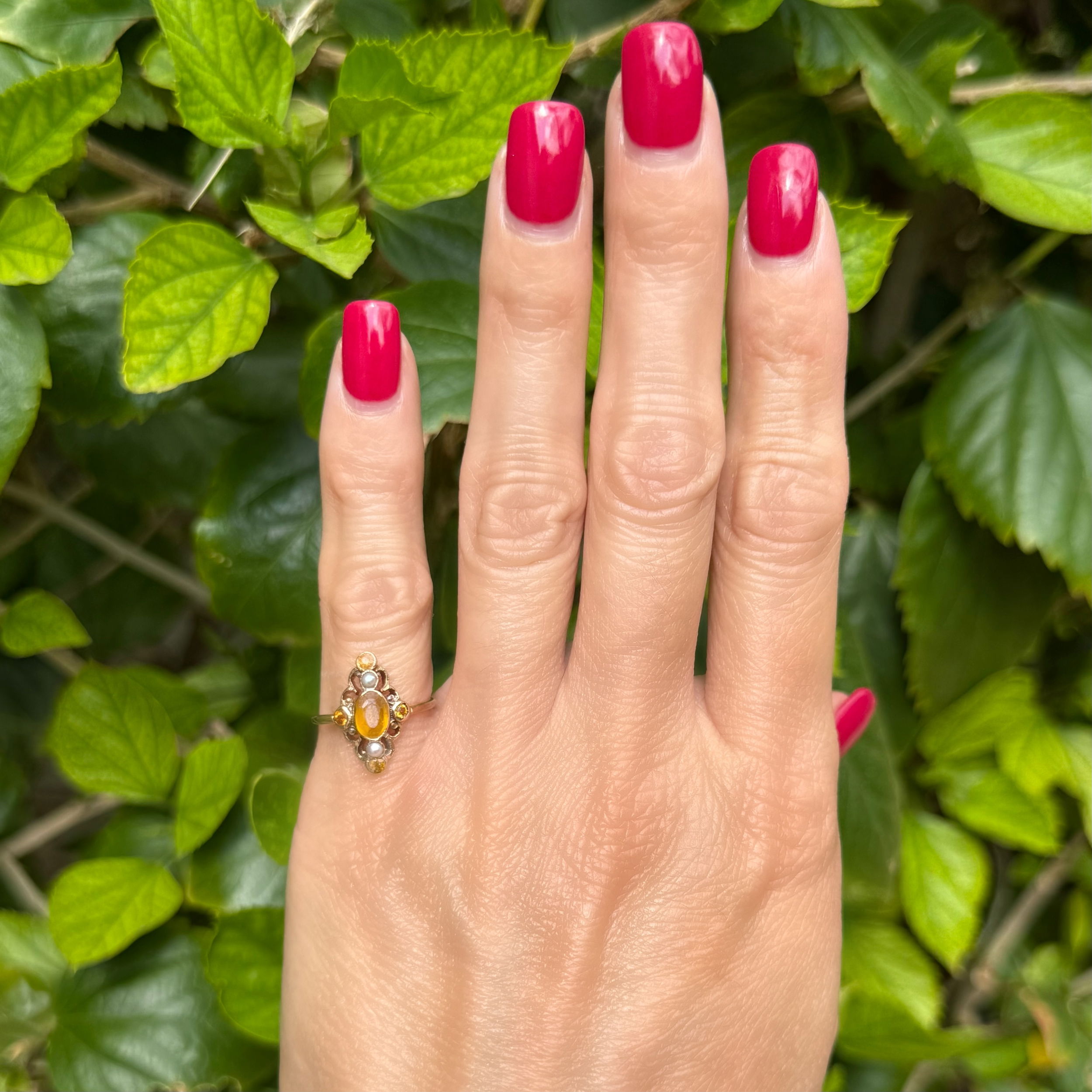 9K Victorian Orange Glass & Seed Pearl Navette Ring 2.2g, s5.25