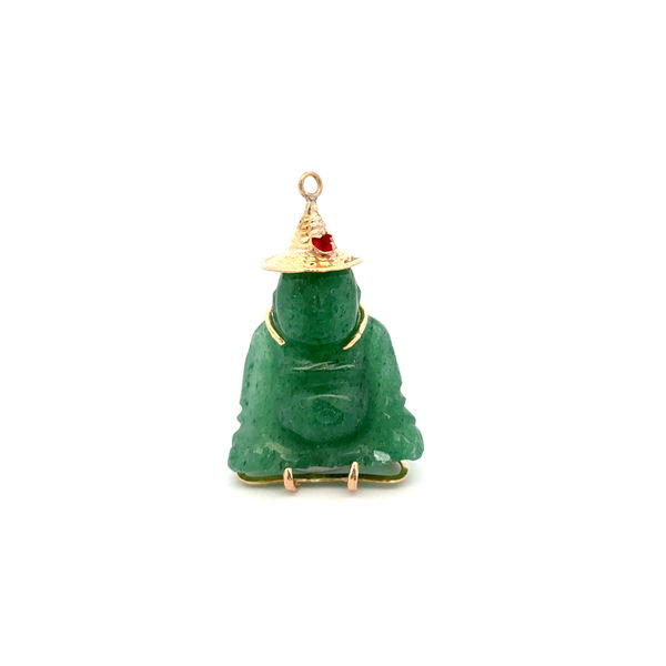 Closeup photo of 14K YG Jade Buddha Charm Pendant 5.7g