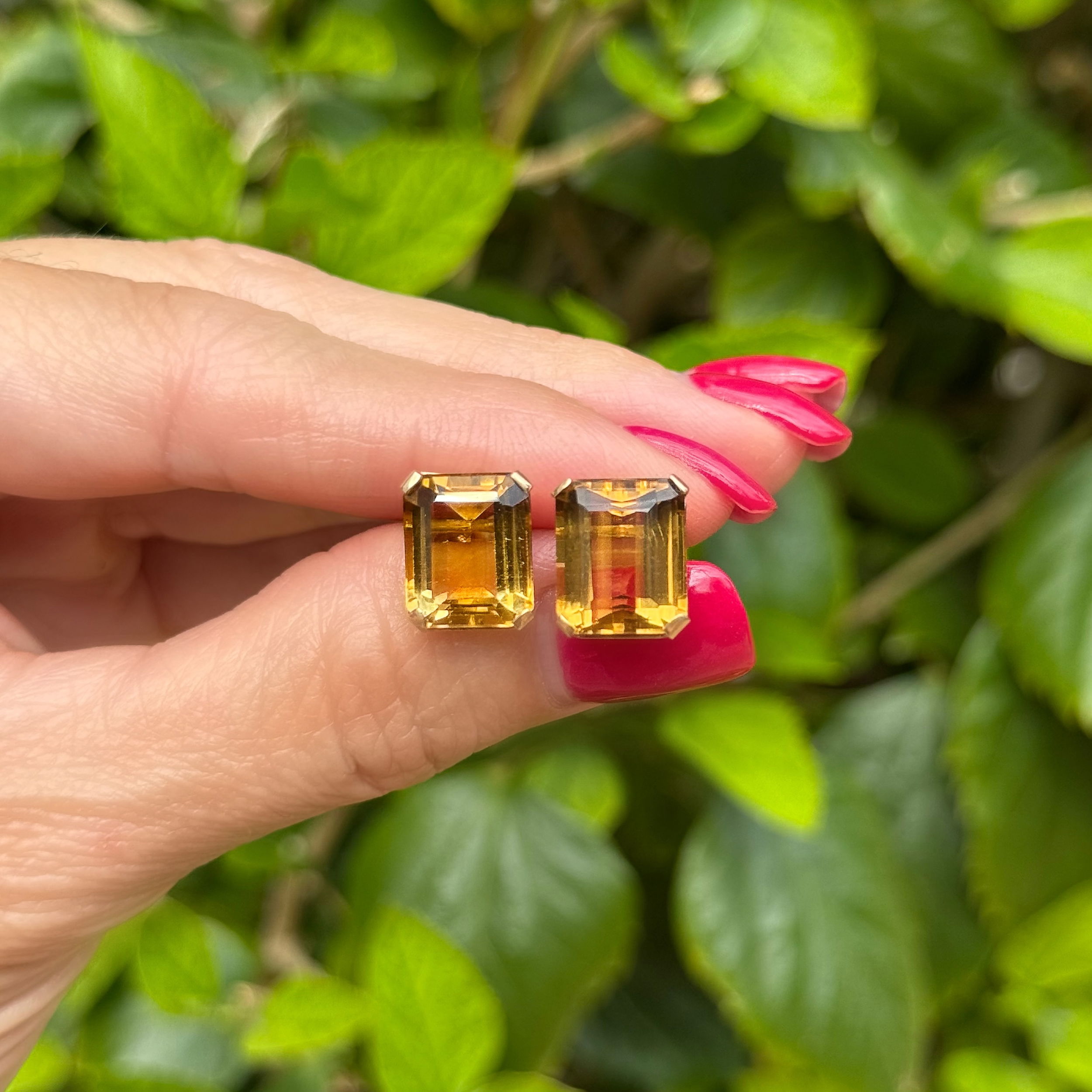 14K YG Retro 12tcw Emerald Cut Citrine Stud Earrings 4.5g