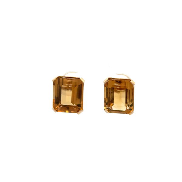 Closeup photo of 14K YG Retro 12tcw Emerald Cut Citrine Stud Earrings 4.5g
