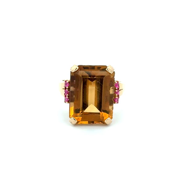 Closeup photo of 14K YG Retro 10ct Emerald Cut Citrine & Syn Ruby Ring 6.6g, s6.5