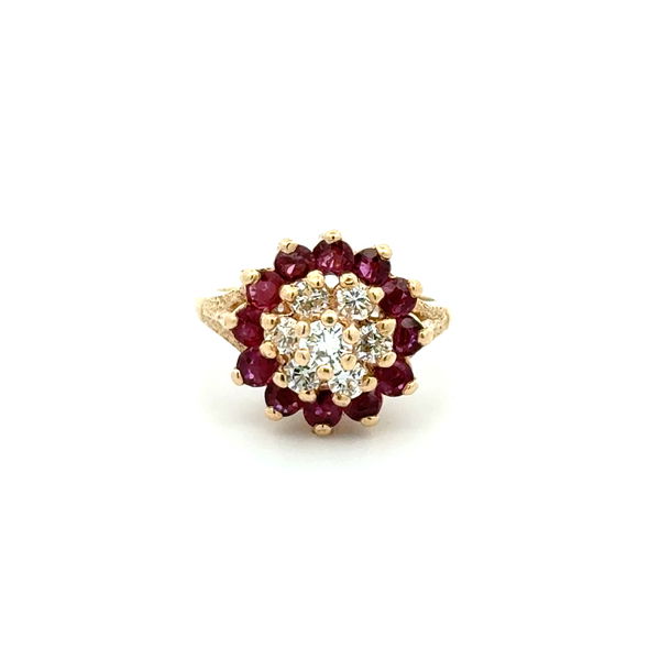 Closeup photo of 14K YG .55tcw RBC Diamond & .96tcw Ruby Halo Ring 6.3g, s4.75