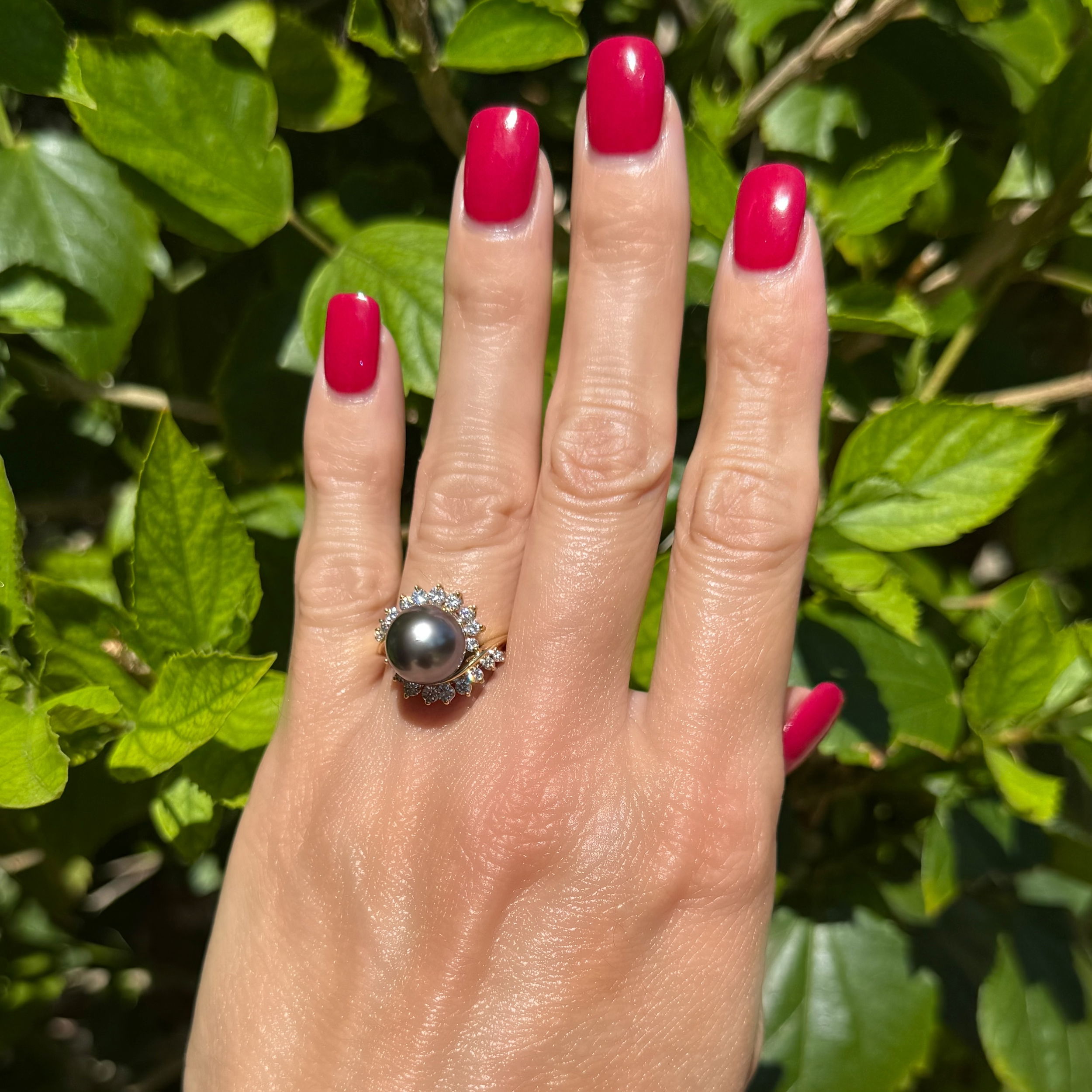 18K YG Kurt Wayne 10.8mm Tahitian Pearl & .80tcw RBC Diamond Ring 8.0g, s5.5
