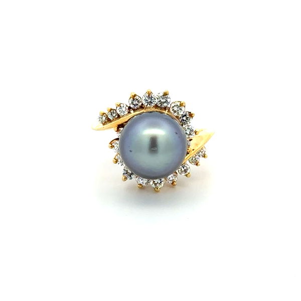 Closeup photo of 18K YG Kurt Wayne 10.8mm Tahitian Pearl & .80tcw RBC Diamond Ring 8.0g, s5.5