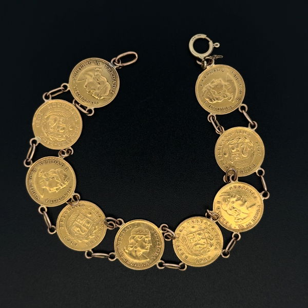 Closeup photo of 22K & 14K 9 - c1919 1/5 Libra Peruvian Coin Bracelet 16.6g, 7"